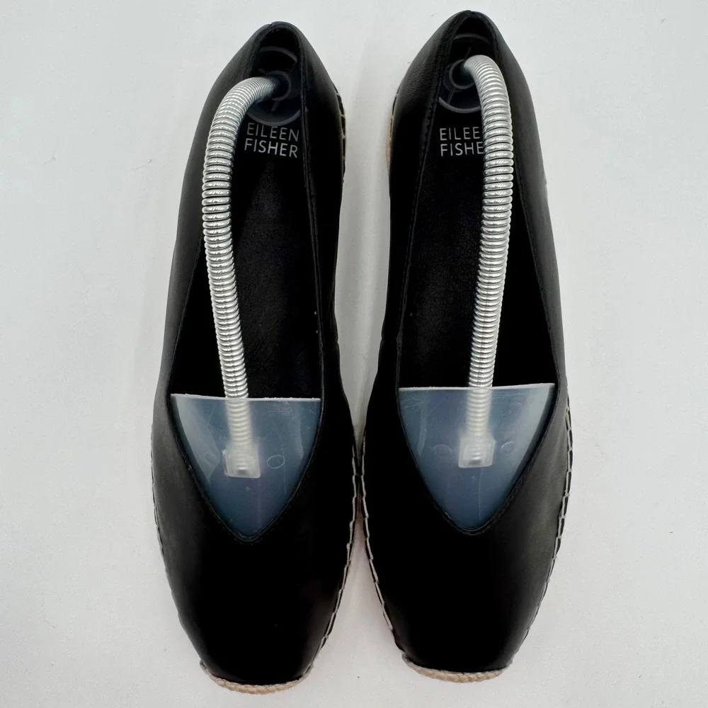 Eileen Fisher Espadrille Flats Leather Slip On Minimalist Women 9.5 Black Office